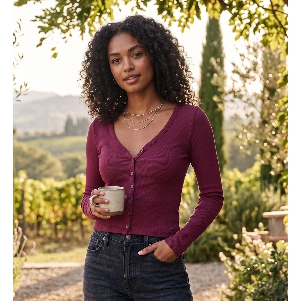 Hollister Slim Tee Ribbed Cardigan Top Burgundy Wine V-Neck Long Sleeve Y2K
